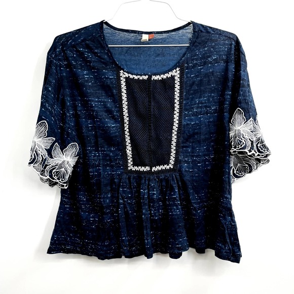 Anthropologie Pilcro Orchid Embroidered Top Boho Peasant Flowy Navy Blue - Picture 1 of 10
